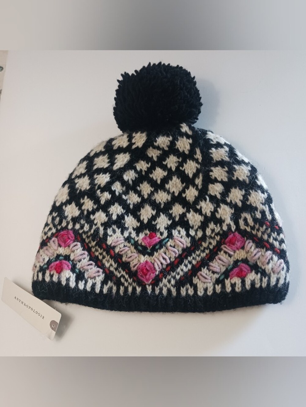 Anthropologie Wool Pom Pom Hat French Knot Floral Made In Nepal Fleece Lined Nwt